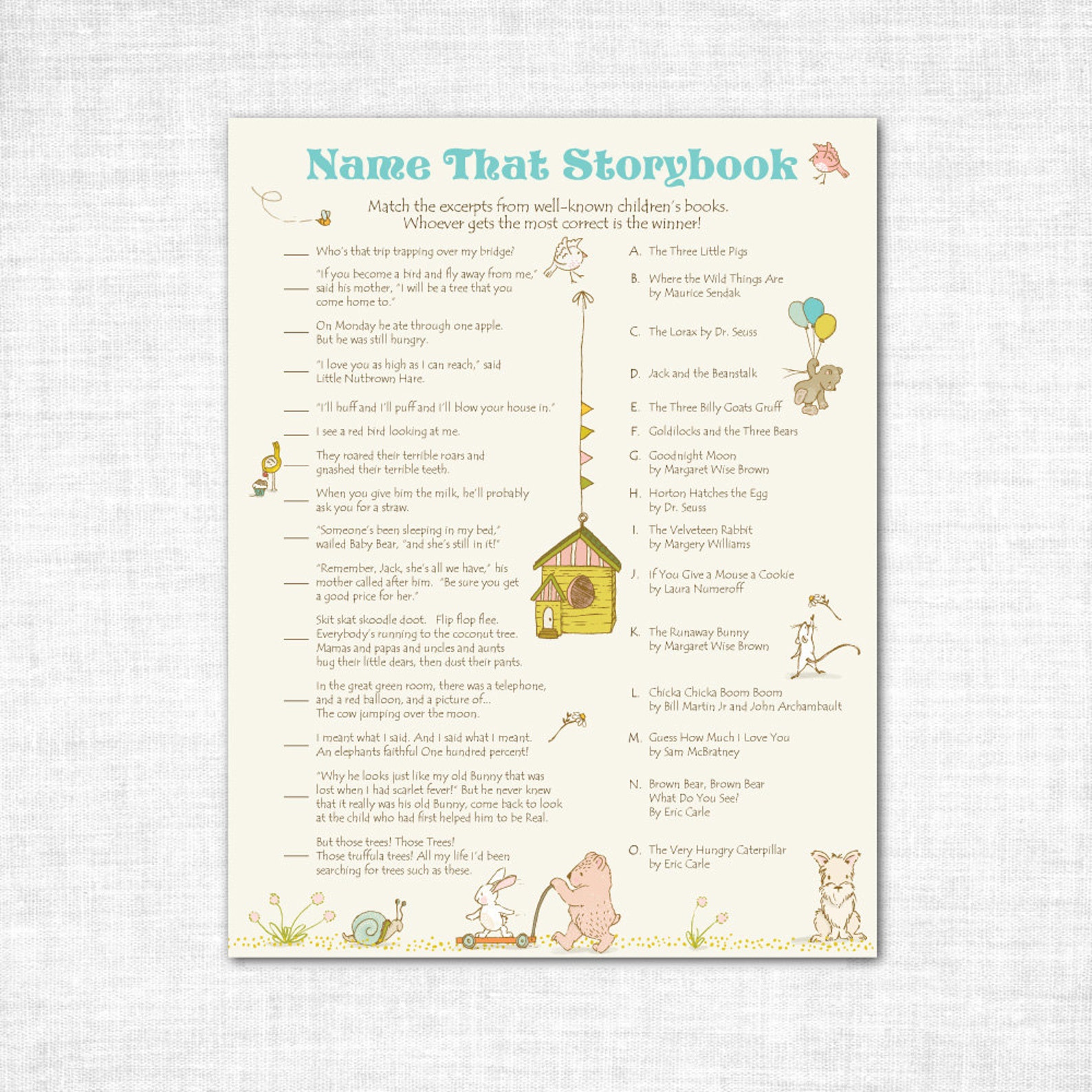 Storybook Baby Shower Name That Storybook Printable Game Etsy