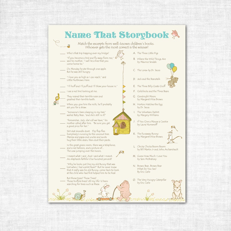 Storybook Baby Shower Name That Storybook Printable Game, Storybook Match Game, How Well Do You Know Children's Literature, Storybook Game image 2