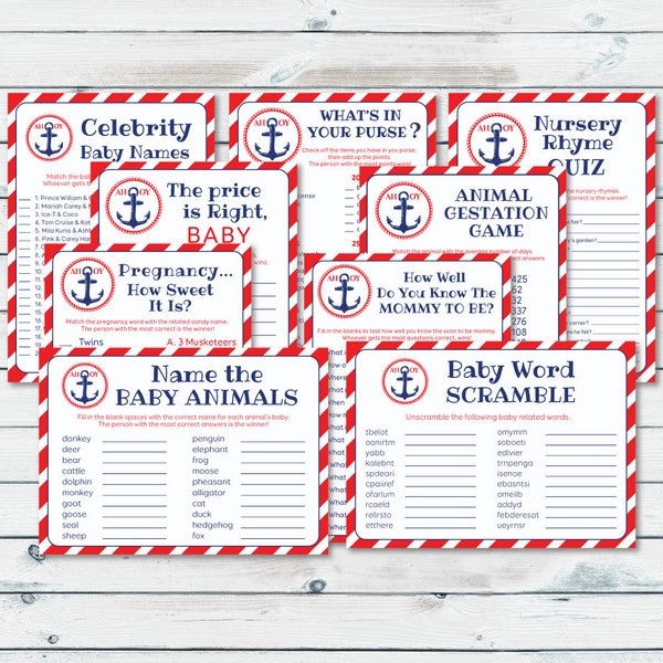 Nautical Baby Shower Games Package, Nautical Baby Shower Printable, Baby Shower Game Package, Anchor Printable Games, Nautical Games Bundle