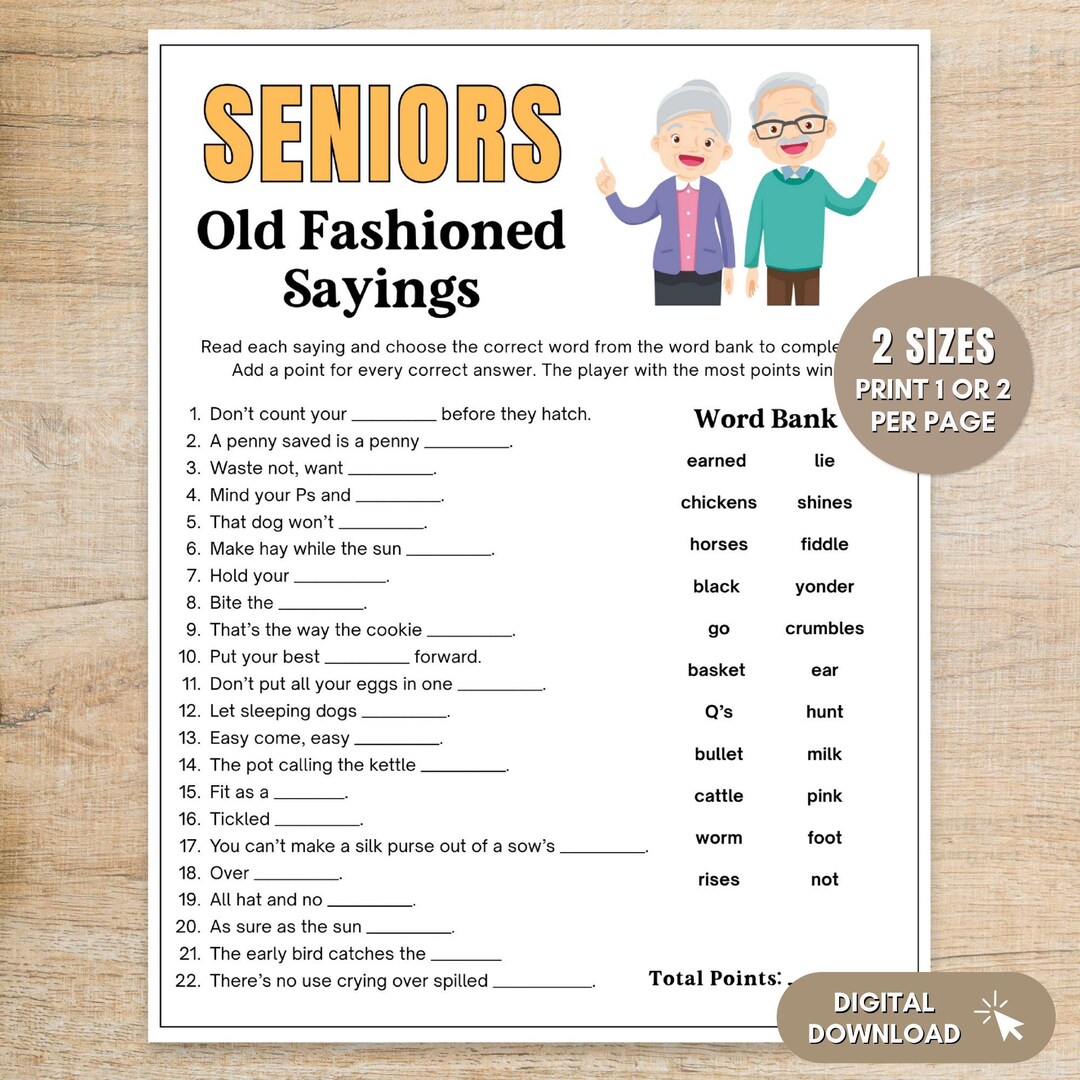 Printable Games for Senior Citizens, Old Fashioned Sayings, Brain