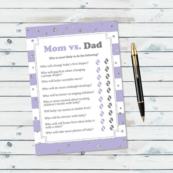 purple and silver mom vs dad quiz mom or dad baby shower etsy