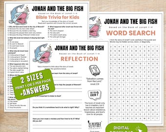 Jonah and the Big Fish Bible Activities for Kids, Sunday School Printable, Bible Trivia Game, Word Search, Reflection Worksheet