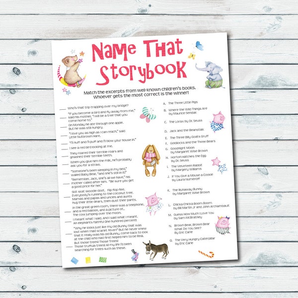 Storybook Baby Shower Games, Storybook Quiz Printable, Name That Storybook, Book Themed Baby Shower Games, Baby Book Printable Games