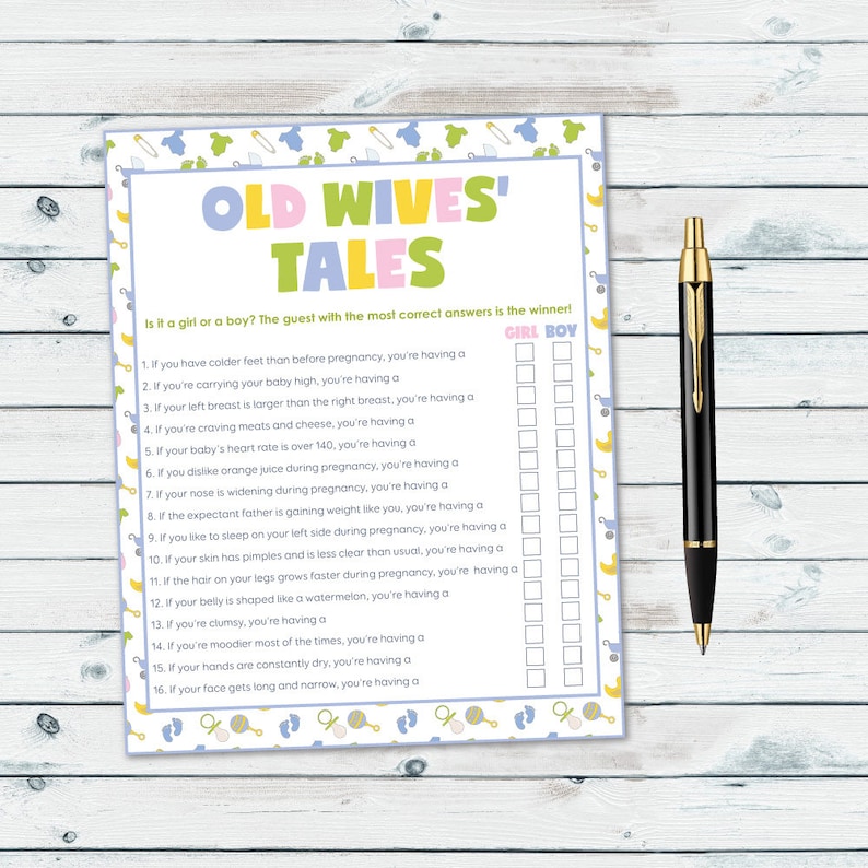 Old Wives Tales Shower Game Gender Prediction Test Printable | Etsy