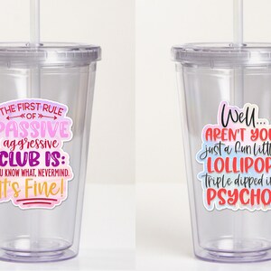 May include: Two clear plastic tumblers with lids and straws. The tumbler on the left has a pink and purple sticker with the text "THE FIRST RULE OF PASSIVE aggressive CLUB IS: YOU KNOW WHAT, NEVERMIND. It's Fine!" The tumbler on the right has a blue, pink, and red sticker with the text "Well... AREN'T YOU just a fun little LOLLIPOP Triple dipped in PSYCHO"