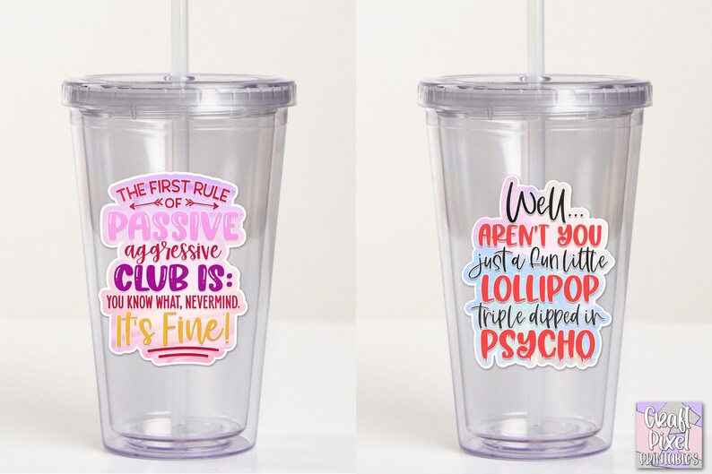 May include: Two clear plastic tumblers with lids and straws. The tumbler on the left has a pink and purple sticker with the text "THE FIRST RULE OF PASSIVE aggressive CLUB IS: YOU KNOW WHAT, NEVERMIND. It's Fine!" The tumbler on the right has a blue, pink, and red sticker with the text "Well... AREN'T YOU just a fun little LOLLIPOP Triple dipped in PSYCHO"