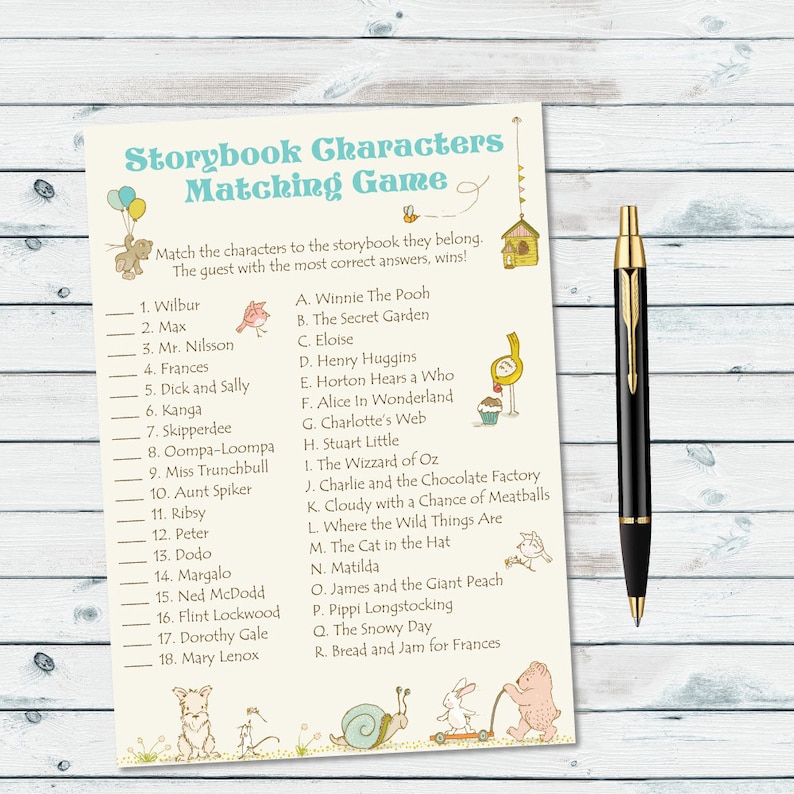 May include: A printable game card with a list of 18 storybook characters and 18 corresponding books. The card is decorated with illustrations of characters from the books, including Winnie the Pooh, Alice in Wonderland, and The Cat in the Hat.