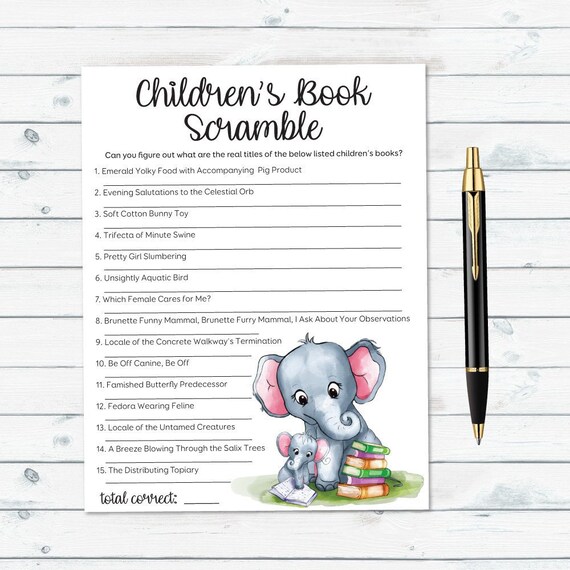 Childrens Book Scramble, Storybook Baby Shower, Baby Book Scramble, Book Title Game, Book Theme Shower, Baby Book Quiz, Elephant Baby Shower