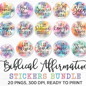 May include: Twenty colorful round stickers with inspirational Bible verses and watercolor backgrounds. Each sticker features a different verse and phrase like "I am Accepted", "I am Fearless", "I am Made New", "I am Secure", "I am Set Apart", "I am Seen", "I am Set Free", "I am Healed", "I am Chosen", "I am Loved", "I am Redeemed", "I am Enough", "I am a Citizen of Heaven", "I am Never Alone", "I am Forgiven", "I am Blessed", "I am Heard", "I am Saved", "I am Strong", and "I am Safe".