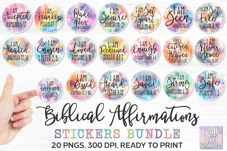 May include: Twenty colorful round stickers with inspirational Bible verses and watercolor backgrounds. Each sticker features a different verse and phrase like "I am Accepted", "I am Fearless", "I am Made New", "I am Secure", "I am Set Apart", "I am Seen", "I am Set Free", "I am Healed", "I am Chosen", "I am Loved", "I am Redeemed", "I am Enough", "I am a Citizen of Heaven", "I am Never Alone", "I am Forgiven", "I am Blessed", "I am Heard", "I am Saved", "I am Strong", and "I am Safe".