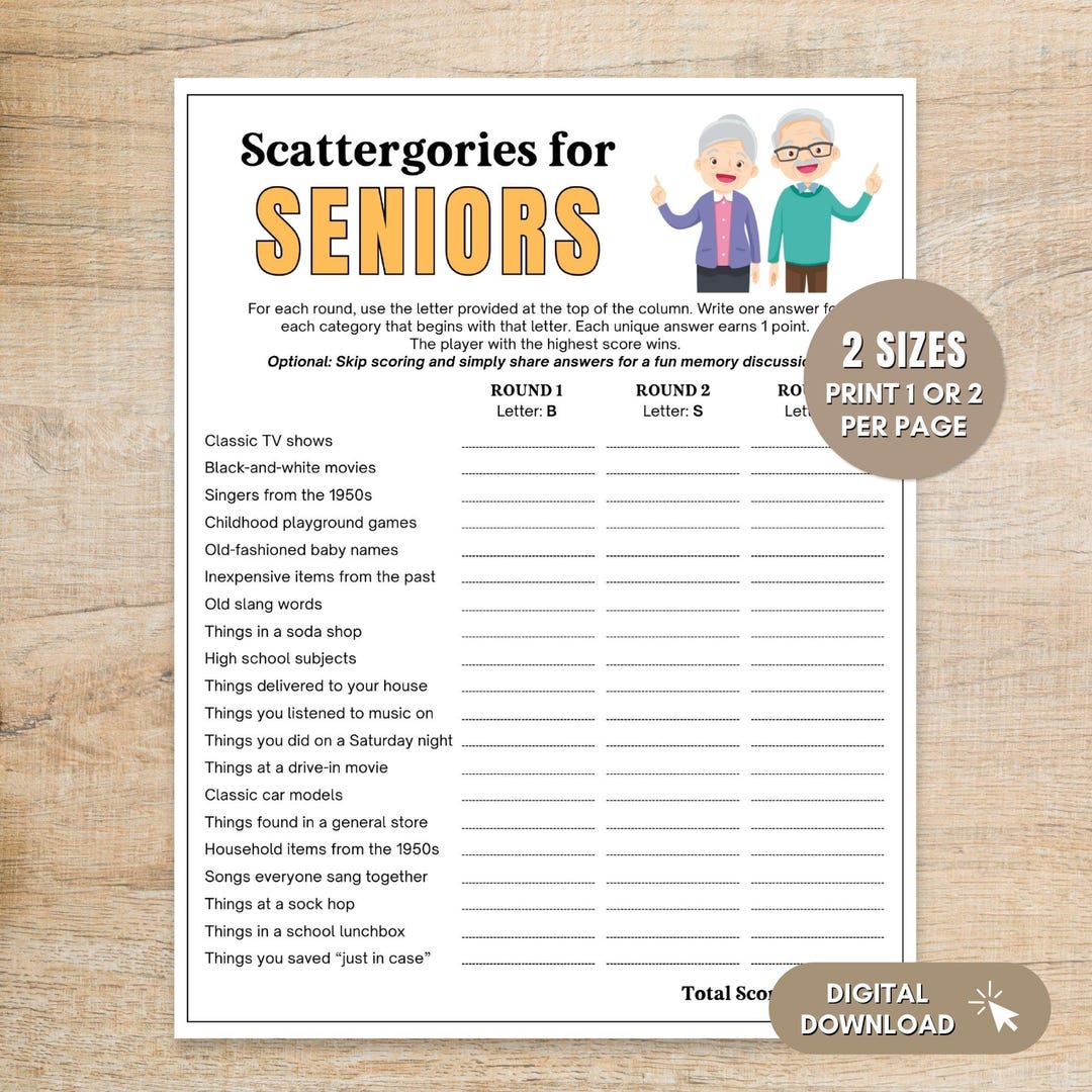 Games for Seniors Printable, Activity for Elderly, Scattergories Game