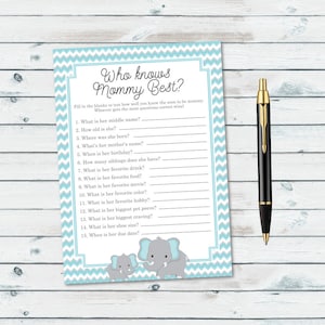 Elephant Baby Shower Printable How Well Do You Know the Mommy To Be Game, Who Knows Mommy Best, Elephant Mommy Quiz, Blue And Grey Elephant