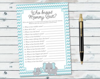 Elephant Baby Shower Game, Mommy Quiz, Blue and Grey (Digital Download)