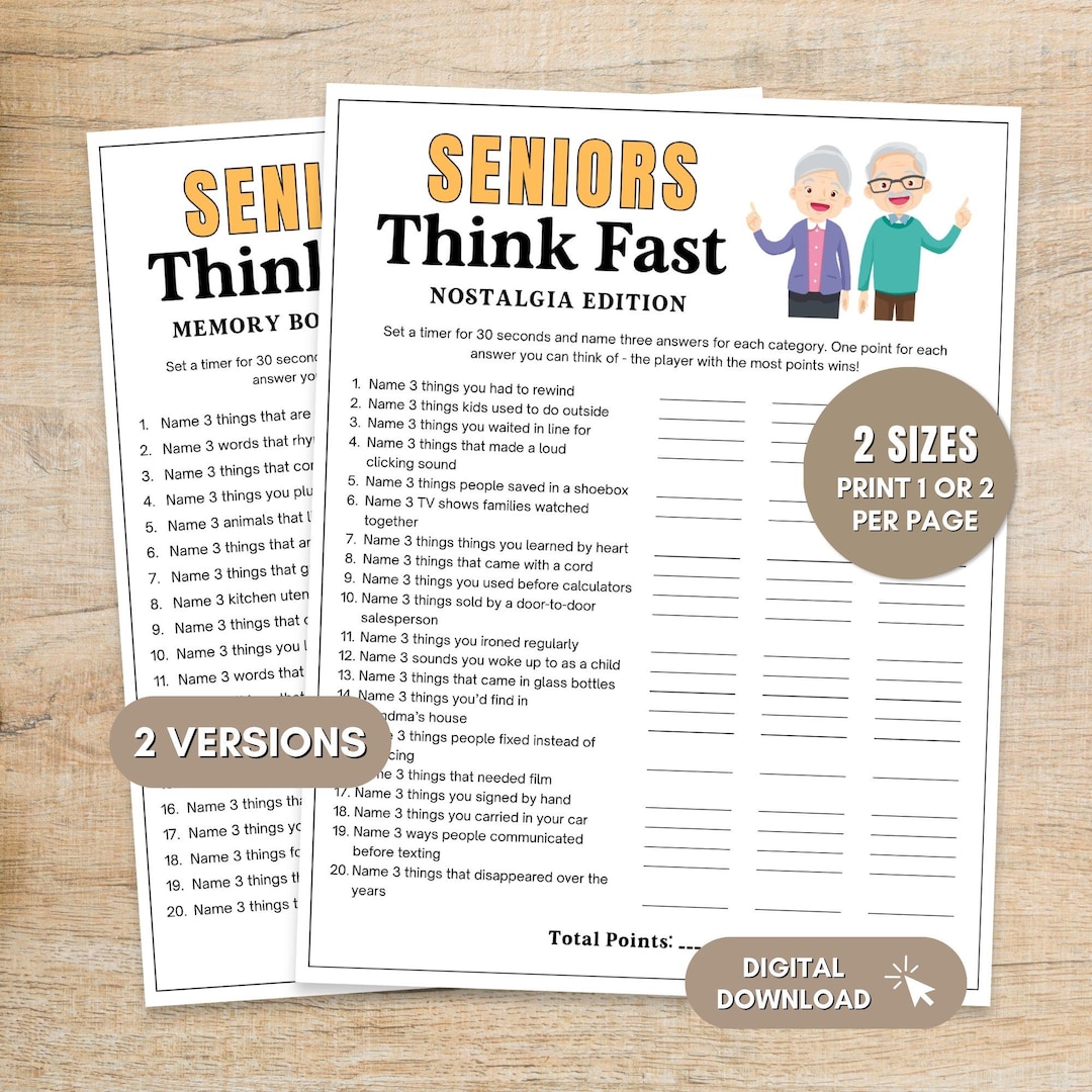 Brain Games for Seniors Printable, Group Activity for Elderly, Memory
