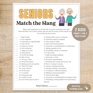 Puede incluir: Una hoja de juego imprimible titulada "SENIORS Match the Slang". El juego presenta una lista de términos de jerga para emparejar con sus definiciones. Incluye ilustraciones de personas mayores y el texto "DESCARGA DIGITAL."