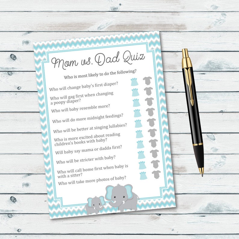 Mom Vs Dad Quiz Baby Shower Game Blue And Gray Elephant Baby Etsy