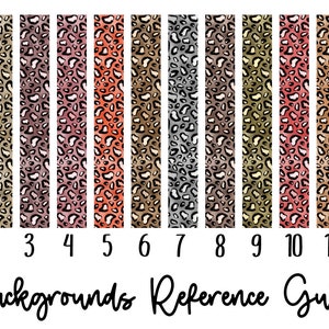 May include: A reference guide for 12 different leopard print backgrounds. The backgrounds are in various colors, including orange, brown, pink, gray, and green.