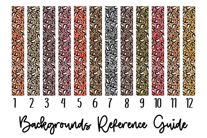 May include: A reference guide for 12 different leopard print backgrounds. The backgrounds are in various colors, including orange, brown, pink, gray, and green.