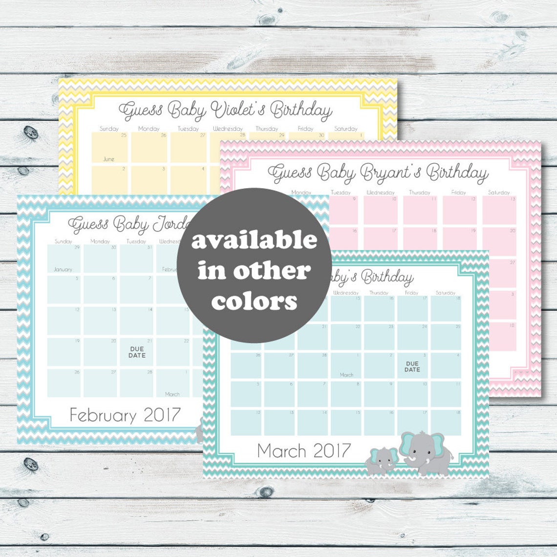 Baby Prediction Calendar Printable Blue Elephant Baby Shower Etsy