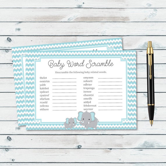 Baby Word Scramble Blue Elephant Baby Shower Printables Etsy Baby Word Scramble Blue Elephant Baby Shower Printables Etsy