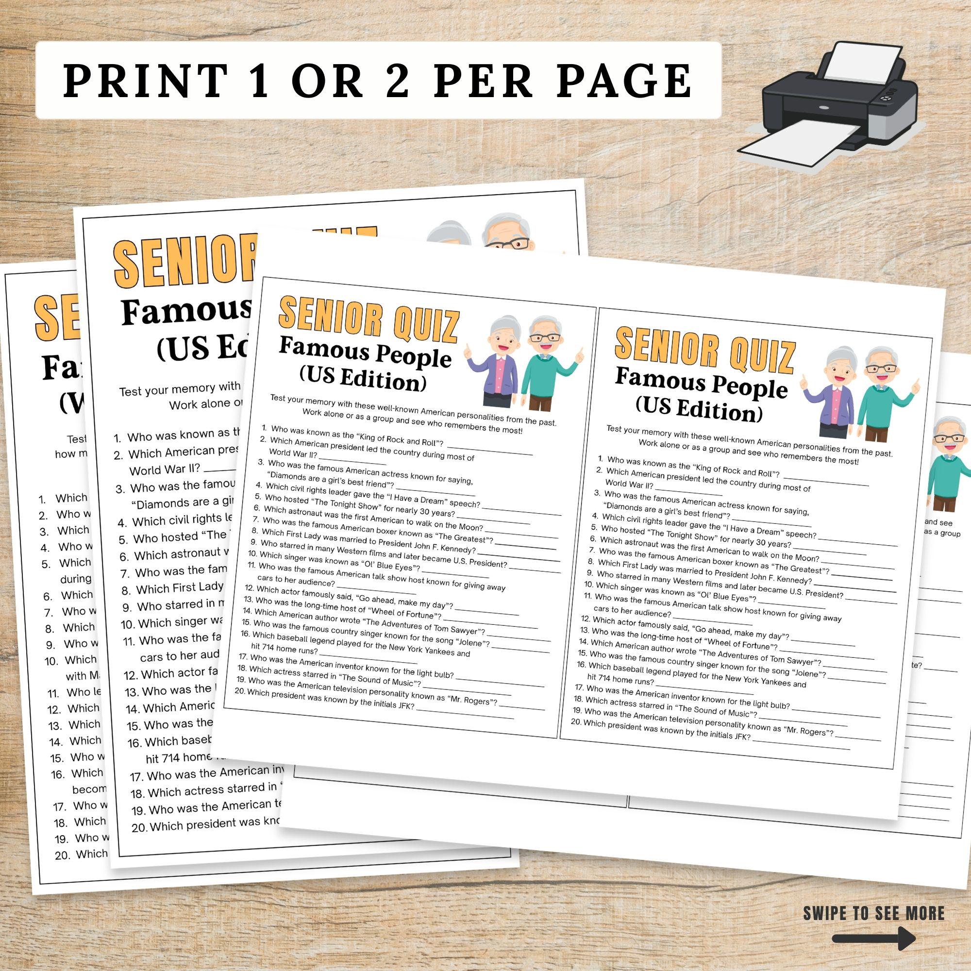 Senior Trivia Quiz Printable Game, Elderly Group Activity for Nursing