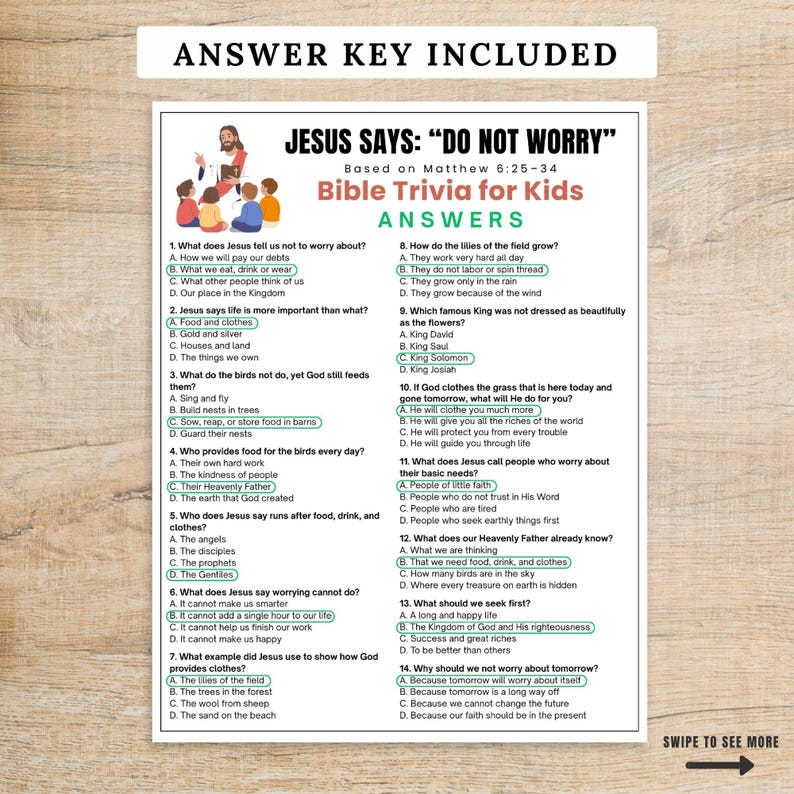 Do Not Worry Matthew 6 Game, Bible Trivia for Kids, Sunday School ...