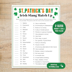 May include: A St. Patrick's Day Irish slang matching game, featuring a green and white design with shamrocks. The text reads "Digital Download" and the game is available in two sizes. Match the Irish slang to its meaning.