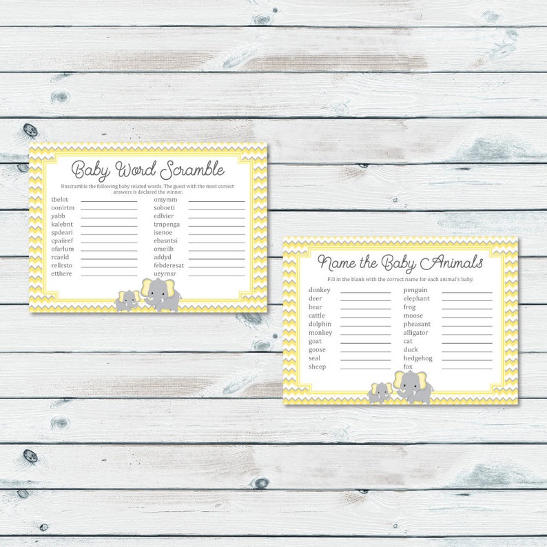 Elephant Baby Shower Games Package Yellow Elephant Game Etsy