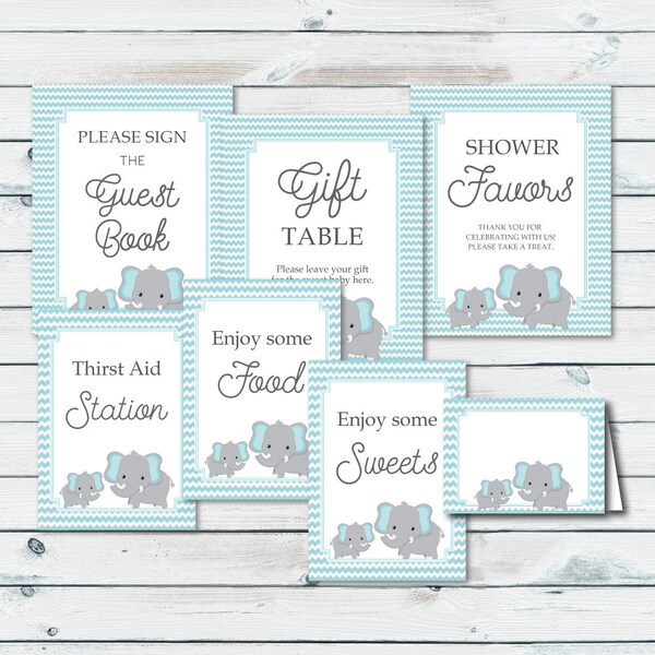 Printable Baby Shower Table Signs, Blue And Gray Elephant Table Decor, Favors Sign, Guestbook Sign, Gifts Sign, Food Tent Cards, Elephant