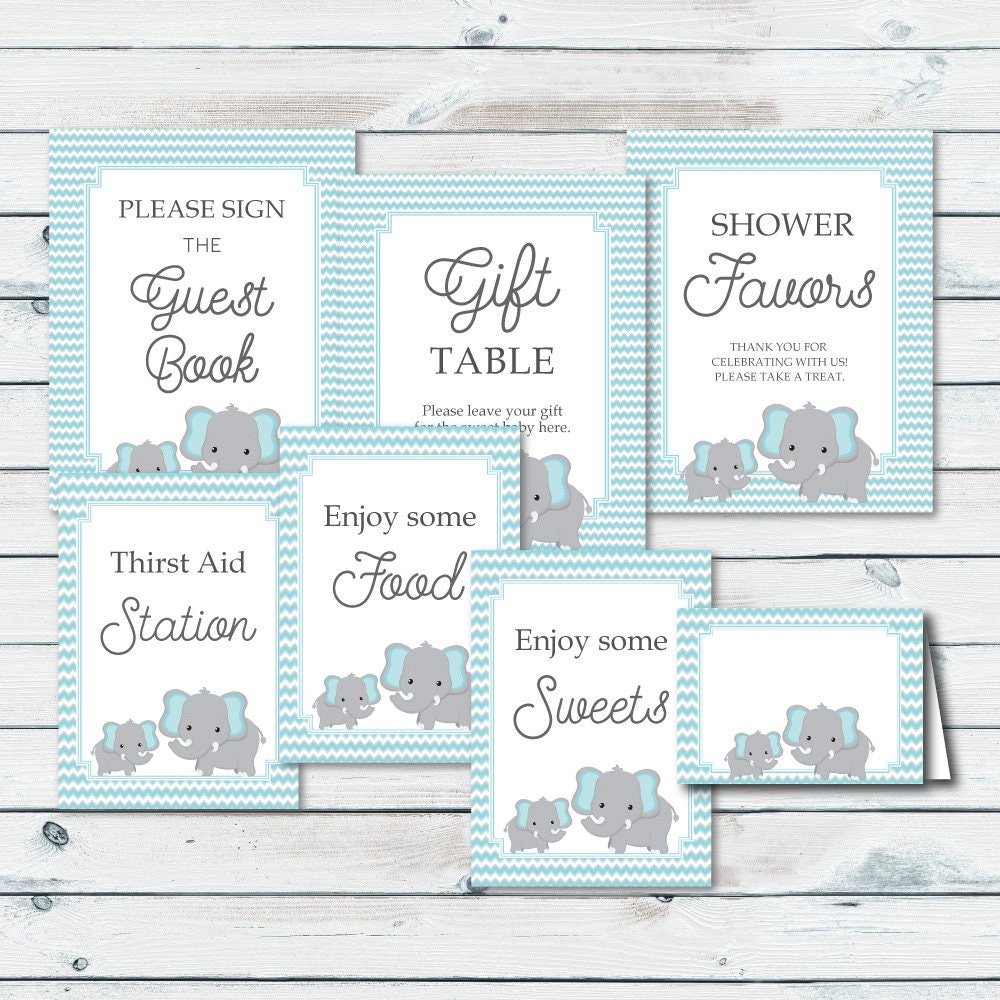 Printable Baby Shower Table Signs Blue And Gray Elephant | Etsy