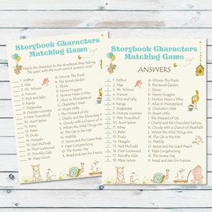 May include: A printable game featuring a matching game of storybook characters. The game includes a list of characters and a list of books. Players match the characters to the correct book. The game is printed on a light blue background with illustrations of characters from the books.