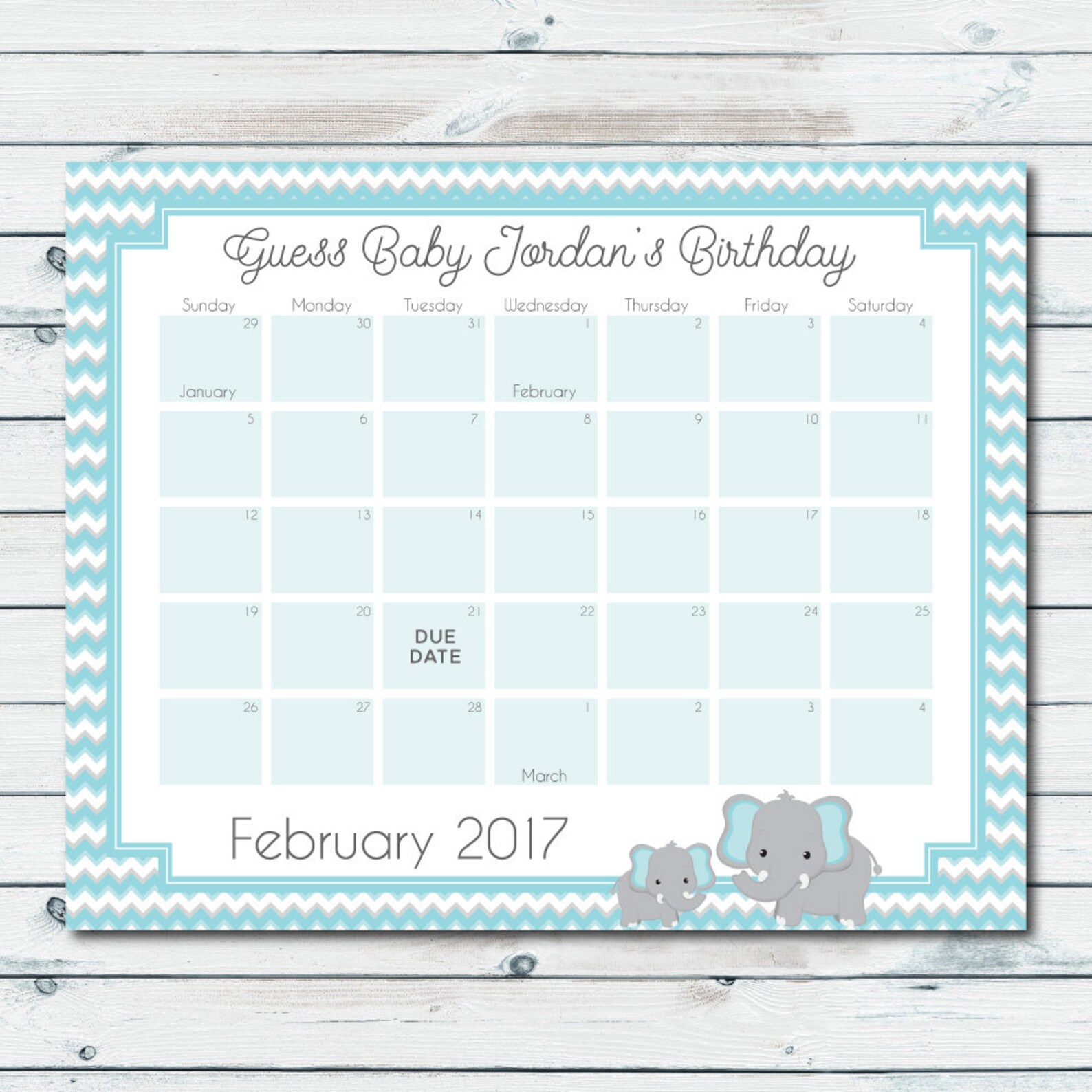 Baby Prediction Calendar Printable Blue Elephant Baby Shower Etsy