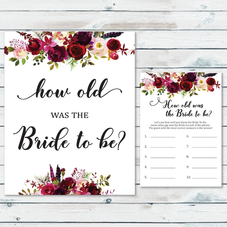 Guess the Bride's Age Printable Floral Bride's Age | Etsy