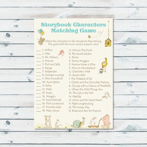 May include: A printable game card with a light blue background and a white border. The card features a list of 18 storybook characters and 18 corresponding storybooks. The card is decorated with illustrations of characters from the storybooks.