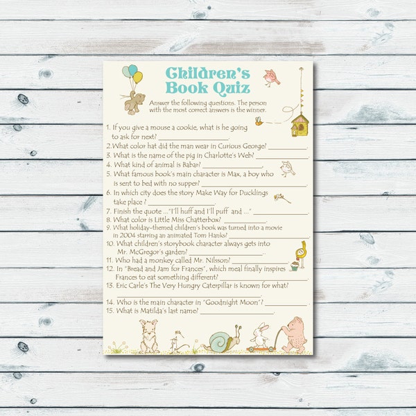 Children’s Book Quiz, Printable Storybook Baby Shower Game, Build A Library, Book Theme Game, Book Quiz, Baby Book Game, Storybook Printable