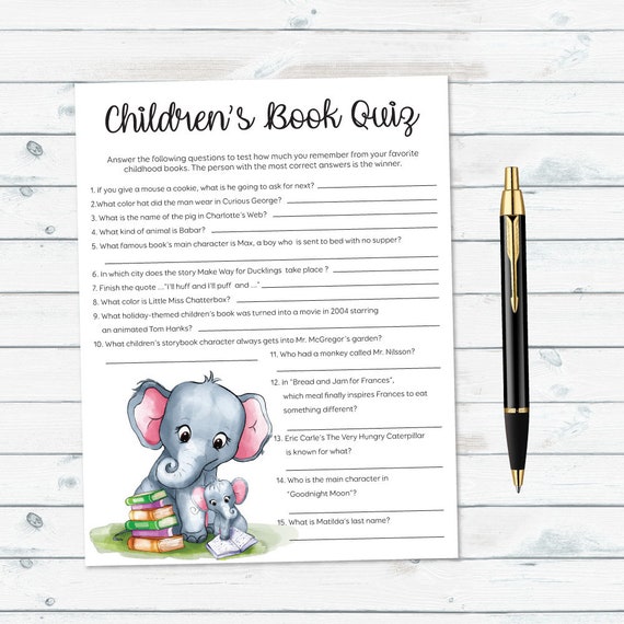 Childrens Book Quiz, Storybook Baby Shower, Book Theme Shower, Baby Book Game, Elephant Shower Games, Library Theme Shower, Storybook Game