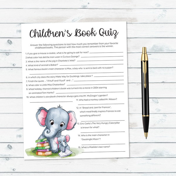 Childrens Book Quiz, Storybook Baby Shower, Book Theme Shower, Baby Book Game, Elephant Shower Games, Library Theme Shower, Storybook Game