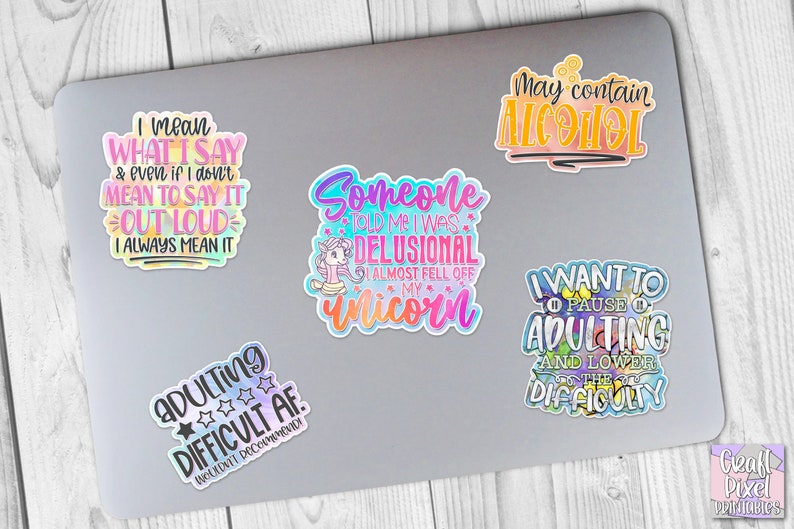 May include: A set of six colorful stickers with humorous sayings. The stickers feature a unicorn, a rainbow, and stars. The text on the stickers includes "I mean what I say", "Adulting difficult AF", "Someone told me I was delusional", "May contain alcohol", and "I want to pause adulting and lower the difficulty".