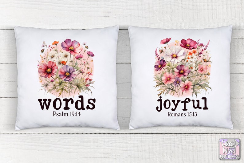 May include: Two white pillow covers with floral designs and inspirational quotes. The left pillow features a pink and white floral design with the words "words" and "Psalm 19:14". The right pillow features a pink and white floral design with the words "joyful" and "Romans 15:13".