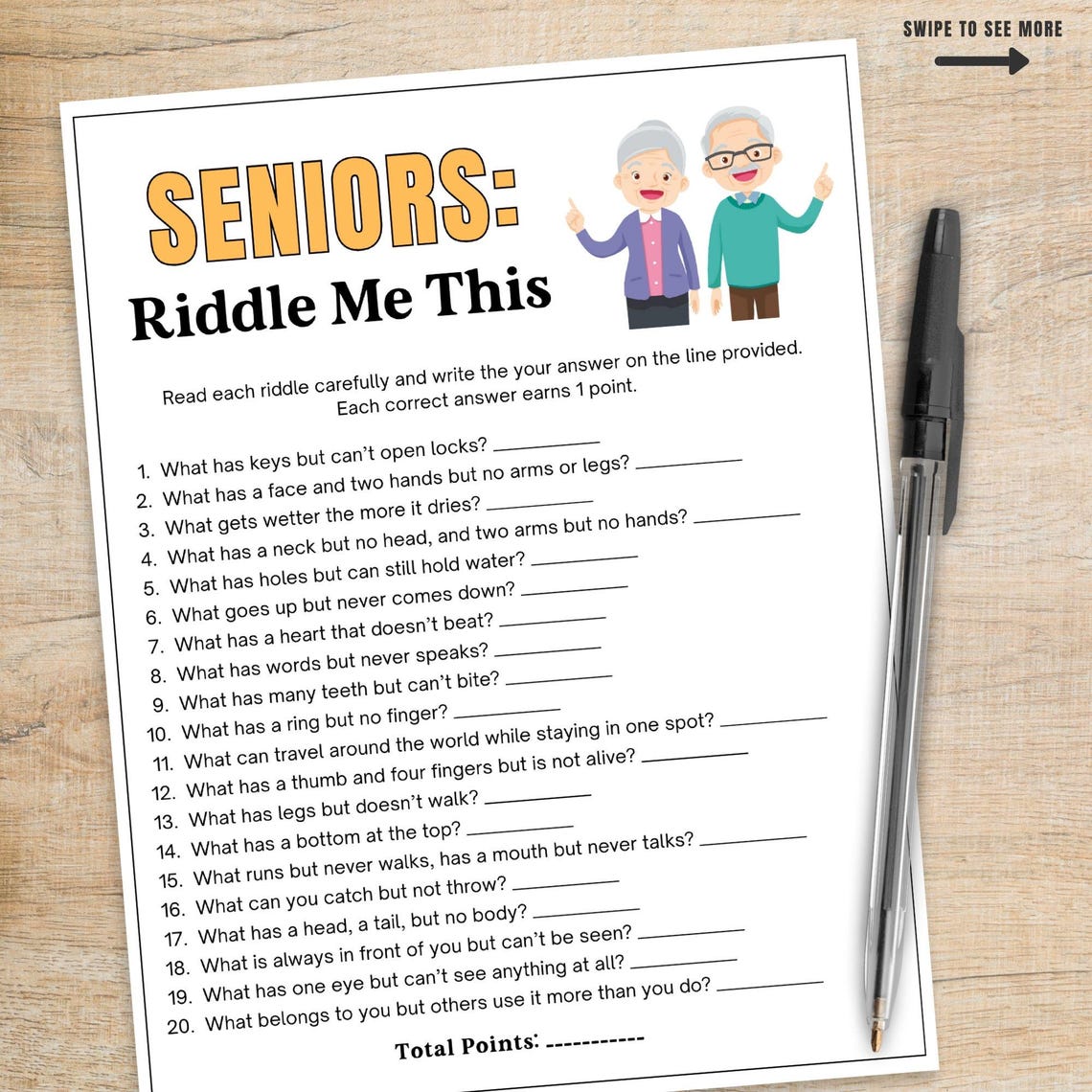 Senior Riddles Game Printable, Riddle Me This Trivia for Seniors, Brain ...