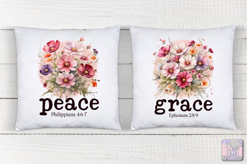 May include: Two white pillow covers with floral designs and inspirational words. The left pillow features a pink and white floral design with the word "peace" and the scripture Philippians 4:6-7. The right pillow features a similar floral design with the word "grace" and the scripture Ephesians 2:8-9.