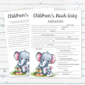 Op de afbeelding: Twee Kinderboeken Quiz vellen met antwoorden. De vellen bevatten een cartoon olifant en baby olifant met een stapel boeken. De tekst bevat vragen over kinderboeken en hun personages.