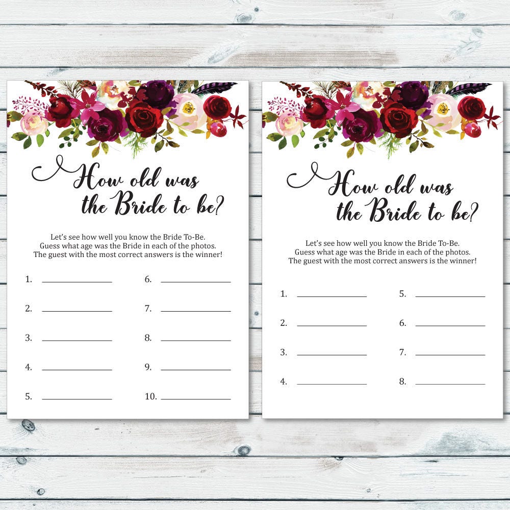 Guess the Bride's Age Printable Floral Bride's Age | Etsy Canada