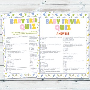Op de afbeelding: Een printbare baby-quiz met vragen en antwoorden over baby's. De quiz is ontworpen voor een babyshower of andere babygerelateerde evenementen. De vragen gaan over onderwerpen zoals welke zintuig zich het eerst ontwikkelt bij pasgeborenen, hoeveel botten baby's bij de geboorte hebben en wanneer een baby begint te glimlachen in de sociale context.