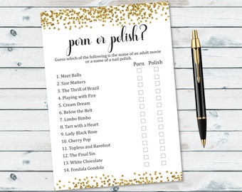 Gold Confetti Bridal Shower Porn or Polish Game, Nail Polish Game, Bachelorette Party Game, Polish Name Game, Gold Bachelorette Printable