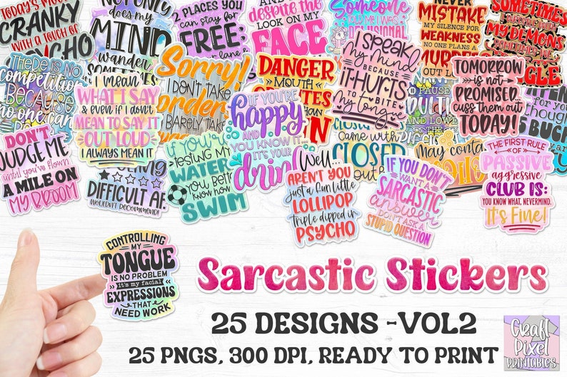 Sarcastic Stickers Png Bundle, Funny Printable Stickers Png, Cricut Print And Cut Stickers, Planner Stickers Png, Snarky Digital Stickers image 1