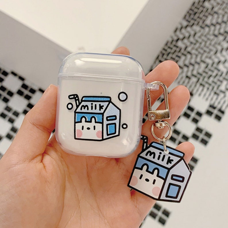 Cute Milk Box Airpod Case Milk Box Silicone AirPods Case with Metal Keychain Apple Earpods for generation 2 Protective Case 1