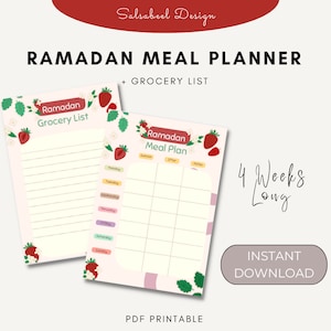 Puede incluir: Planificador de comidas y lista de la compra de Ramadán imprimible con fondo rosa e ilustraciones de fresas. El planificador incluye un plan de comidas para cuatro semanas y una lista de la compra. El texto "Ramadan Meal Planner + Grocery List" está en la parte superior de la página. El texto "4 Weeks Long" está en la esquina inferior derecha de la página. El texto "Descarga instantánea" está en un botón en la esquina inferior derecha de la página. El texto "PDF imprimible" está en la parte inferior de la página.