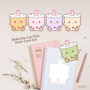 May include: Set of five die-cut flat note cards featuring cute cartoon boba tea characters. The cards are in various colors, including pink, purple, yellow, green, and white. The cards are designed to be used as note cards or for scrapbooking.