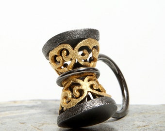 Bow Treasure Black Gold Silver Ring Unique Romantic Bridal Jewel Treasure Art Sculptural One Off Wedding Contemporary Statement Ring Jewelry